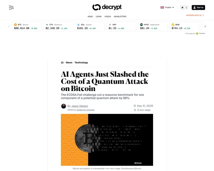 Screenshot of the Decrypt article: AI Agents Just Slashed the Cost of a Quantum Attack on Bitcoin