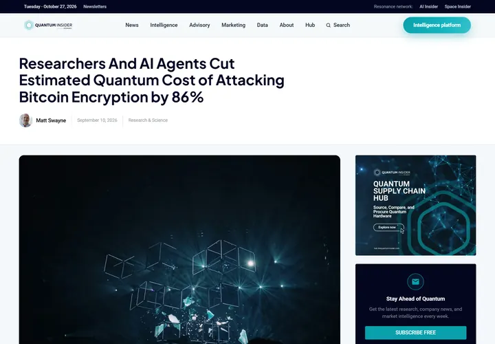 Screenshot of the The Quantum Insider article: Researchers and AI Agents Cut Estimated Quantum Cost of Attacking Bitcoin Encryption by 86%