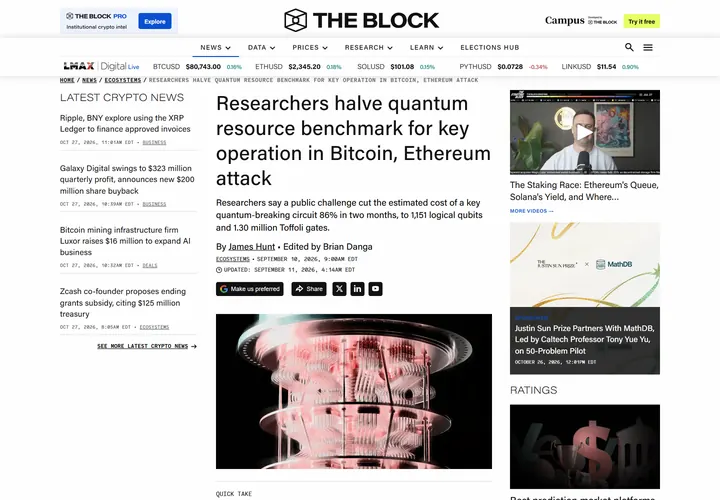 Screenshot of the The Block article: Researchers halve quantum resource benchmark for key operation in Bitcoin, Ethereum attack