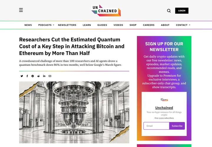 Screenshot of the Unchained article: Researchers Cut the Estimated Quantum Cost of a Key Step in Attacking Bitcoin and Ethereum by More Than Half