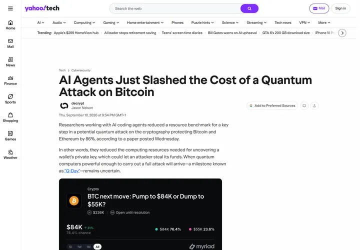 Screenshot of the Yahoo Tech article: AI Agents Just Slashed the Cost of a Quantum Attack on Bitcoin (republished from Decrypt)